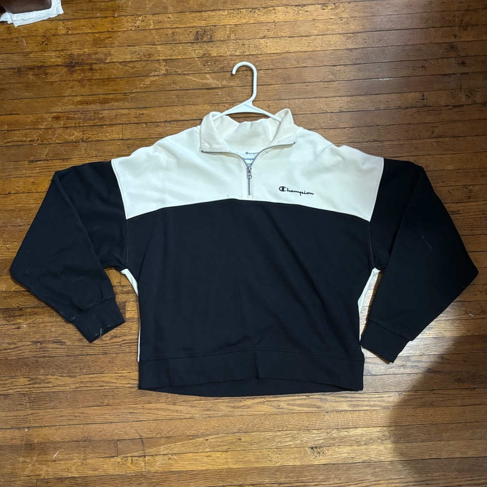 Champion authentic athletic wear quarter zip, cream and black, large